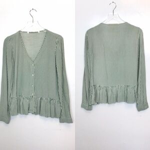 Zara Trafaluc Green/White V-Neck Peplum Blouse M